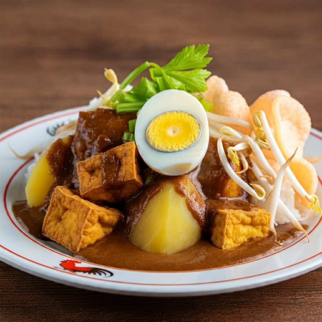 Tahu Tek Surabaya; Tofu, Kartoffeln und Eier in Cremiger Erdnuss-Garnelen-Soße
